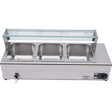 Chauffe-Plat Électrique à Vapeur 1200 W, Buffet Chauffant en INOX, Bain-Marie de Comptoir, avec 3 Bacs Gastros de 1/2 et Capot en Verre, pour Servir Buffet en Libre-Service Restauration (1/5)