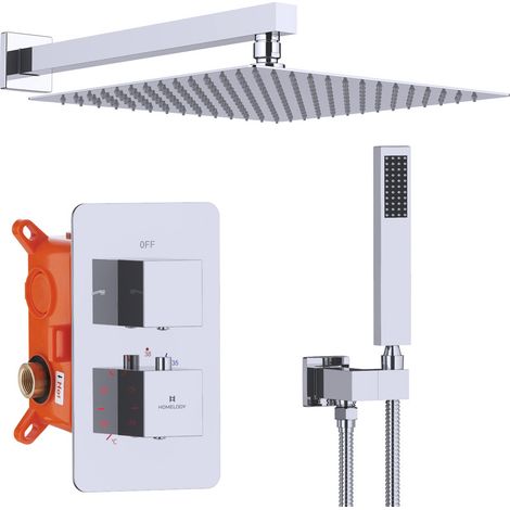 Duschsystem da incasso con termostato, miscelatore doccia quadrato cromato, soffione 12'' anti-scottatura, set completo con doccetta a mano in ottone (1/5)