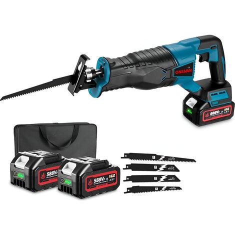 Onevan – Scie sabre électrique 800W avec 2 batteries 588VF – 4 lames pour bois et métal – Profondeur de coupe 255 mm – Sac de rangement inclus