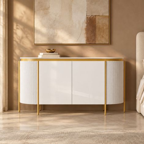 Credenza ovale bianca in MDF 140x38x80 cm con 4 ante e piedini in ferro OKWISH (1/5)