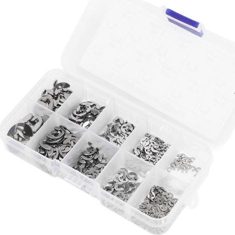 Ensemble de 580 rondelles circlips de type E avec boîte de rangement, en acier inoxydable, pour une fixation ferme. Rondelles de retenue de type E argentées. (1/5)