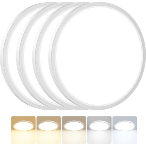 Lot de 4 Plafonnier LED, 24W 2800LM Luminaire Plafonnier Salle de Bain, IP54 Etanche & 5 Couleurs(3000K/3500K/4000K/5000K/6500K), Lampe Plafond Rond pour Cuisine, Chambre, Couloir,Ø30CM (1/5)