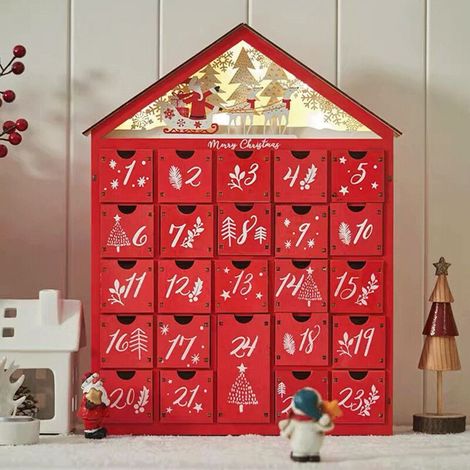 Calendario dell'Avvento in legno con 24 cassetti - Decorazione natalizia con motivo di renne - Calendario dell'Avvento fai da te riempibile con illuminazione a LED - Contenitore decorativo e funzional (1/3)