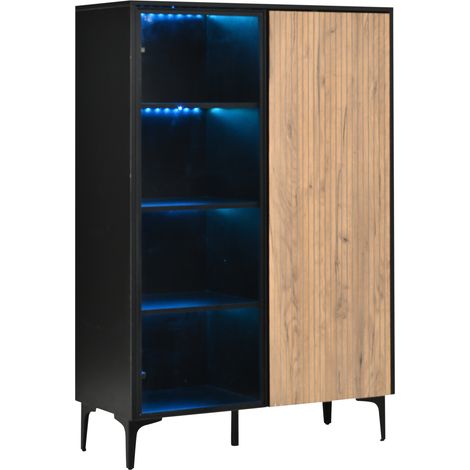 Moderne Vintage-Vitrine 90 cm aus MDF in Schwarz-Holzoptik mit 2 Türen und RGB-LED (1/5)