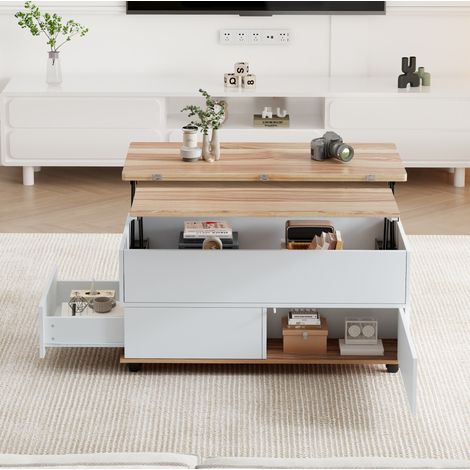 Tavolino da caffè regolabile 100 x 98 x 65 cm con contenitore, bianco/legno HAVRYA (1/5)
