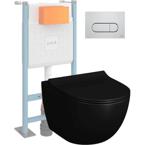Pack WC suspendu VitrA Sento noir + bâti autoportant V-Fix Core + Plaque Round chromé