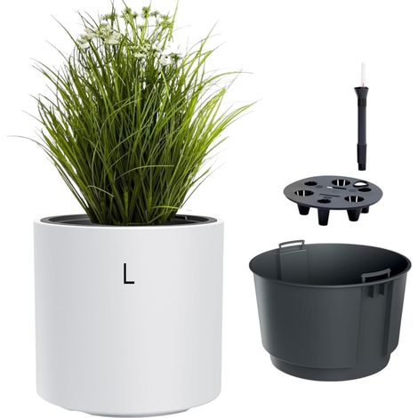 Pot de fleurs avec insert et syst¨¨me d'irrigation, rond et moderne, r¨sistant au gel et aux UV, en plastique, pour l'int¨rieur et l'ext¨rieur, blanc, taille L (1/5)