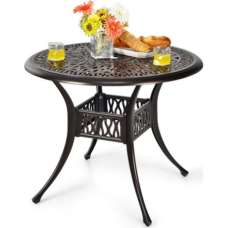 Table à Manger de Patio Ronde de 91 cm, Table d'Extérieur en Aluminium Moulé avec Trou pour Parasol de 5 cm, Pieds Réglables pour Jardin, Balcon (1/5)