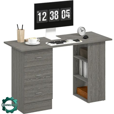 Manuzen - Bureau informatique réversible 120 cm – 3 tiroirs et 3 étagères — Gris (1/5)