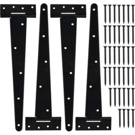 4 piezas de bisagras en T de 12 pulgadas, bisagras robustas para puertas de granero con tornillos, para portones de fábrica, almacén y jardín, acabado negro barnizado (1/4)