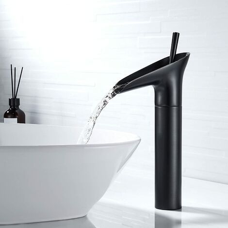 Schwarzer Badezimmerhahn, Wasserfallhahn, schwarzer Retro-Einhebel-Waschtischmischer, Messing-Arbeitsplatten-Hochbadhahn, Handwaschhahn, Waschbeckenhahn – RW-Waschtischmischer (1/5)