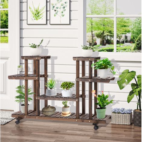Estantería para plantas de madera carbonizada marrón oscura con ruedas 123,5 x 33 x 80 cm (1/5)