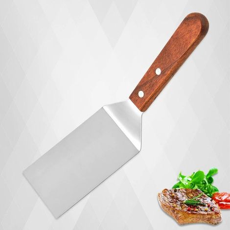 Spatule plancha, 25 cm, pelle à gratin, pelle à steak pour barbecue, acier inoxydable, bois (1/4)