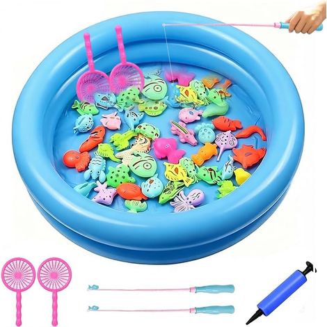 Jeu de pêche magnétique, lot de 50 jouets de bain avec piscine, canne à pêche et épuisette, jeu de pêche magnétique pour tout-petits et enfants. (1/5)