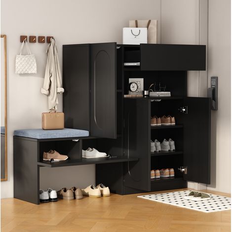 Scarpiera 130x35x110 cm nero in pannello truciolare con seduta imbottita, ante soft-close e ripiani regolabili (1/5)