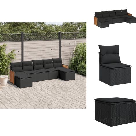 7-tlg. Garten-Sofagarnitur mit Kissen Schwarz Poly Rattan - Gartensorte - Gartenmöbelset - Lounge Set - Rattan Möbel - Gartenlounge (1/5)