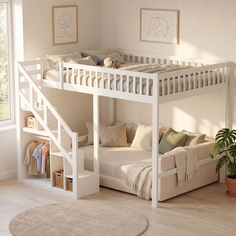 Lit superposé Enfant 140 x 200 avec Escalier de Rangement et Barrière de Sécurité, Lit Mezzanine Multifonctionnel pour Garçon et Fille, Bois Massif + MDF, Blanc