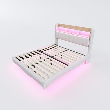 Cama tapizada 140 x 200 cm en lino beige con almacenamiento, LED, USB y puerto Type-C HOMVRA (1/5)