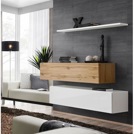 Lot de 2 Bancs Muraux & Étagère "Switch SBII" 130cm Blanc & Naturel (1/3)