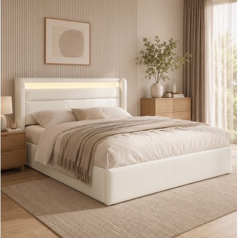 Bett Doppelbett Stauraum LED 140x200 PU Weiß OKMYHOME (1/5)