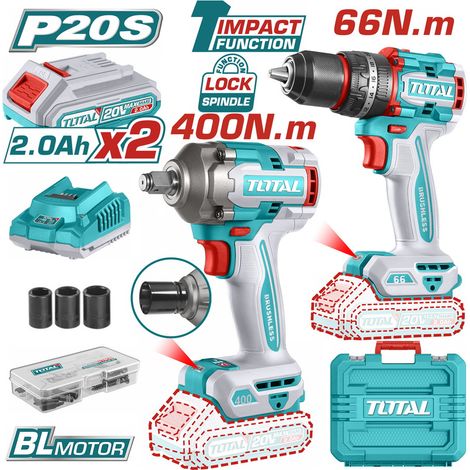 TRAPANO A PERCUSSIONE + AVVITATORE AD IMPULSI 1/2"+ 2 BATTERIE 2Ah 20V TOTAL