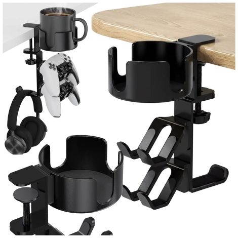 Multifunktionale Tischhalterung – für Becher, Tablets und Kopfhörer, wird an der Tischplatte befestigt, rutschfest und stabil – Alogy DeskClamp™ Schwarz (1/5)