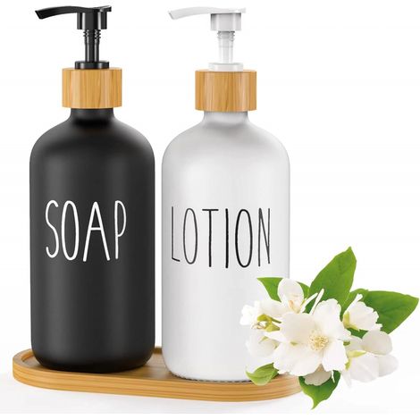 Spülmittelspender mit hoher Holzablage (schwarze Seife und weiße Lotion), Spenderset für die Küche, matte Oberfläche. – AquaForge (1/5)
