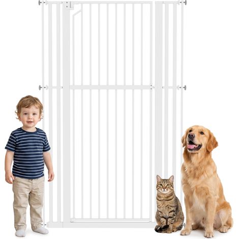 PawHut barrera de seguridad niños perros gatos extra alta 160 cm extensible 76-105cm para puertas escaleras cierre automático montaje a presión blanco (1/5)