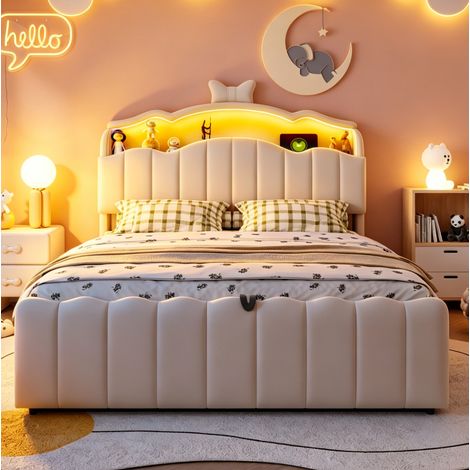 Letto imbottito 140x200 cm con contenitore idraulico, testiera a fiocco, ricarica USB e USB-C, velluto beige (1/5)