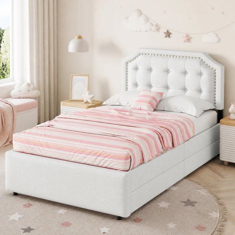 MEUBLIV Lit 90x200 cm beige clair – double rangement à tiroirs, sans matelas (1/5)