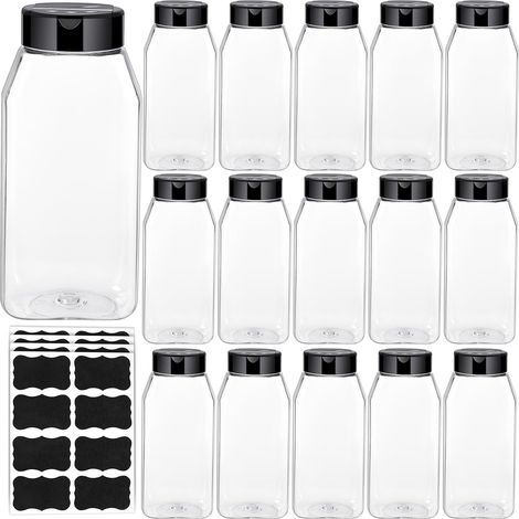 16er-Packung Gewürzdosen aus Kunststoff, wiederverwendbare Gewürzstreuer (473 ml) mit Deckel, transparente Gewürzbehälter, quadratische Aufbewahrungsdosen für Gewürze und Pulver (1/5)