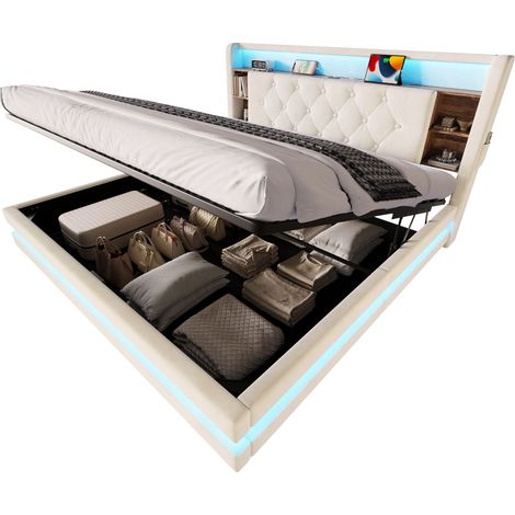 Polsterbett 160 x 200 cm, Doppelbett mit LED, USB, Type-C und Bettkasten, ohne Matratze, Beige (1/5)
