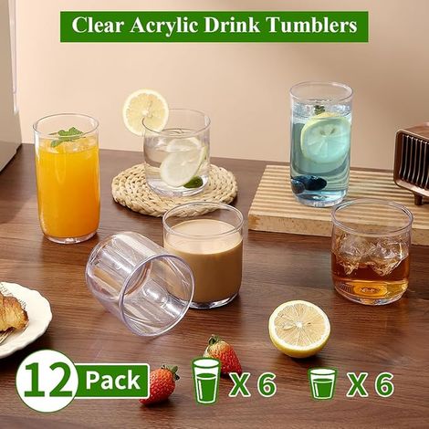 Verres à Whiskey Old Fashioned Verres Highball en Plastique PET Transparent 420ml Verres à Cocktail Whisky 340ml, Tumblers Robustes et Incassables pour Bière, Jus, Lait. (1/2)