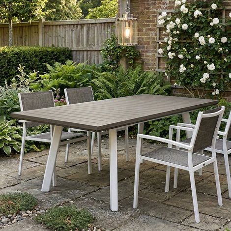 Dmora - Mesa de jardín Penticton, Base de picnic, Mesa de comedor de jardín, Banco multiusos para exterior, 162x101 h77 cm, Blanco y Gris oscuro (1/3)