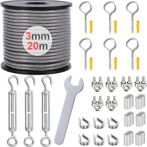 Kit de Câble en Acier Inoxydable 304 20m 3mm, Câble Métallique Revêtu de PVC avec Tendeur M5 et Crochet Œil, Fil de Jardin pour Plantes Grimpantes, Clôture, Linge, Guirlandes Lumineuses (1/5)
