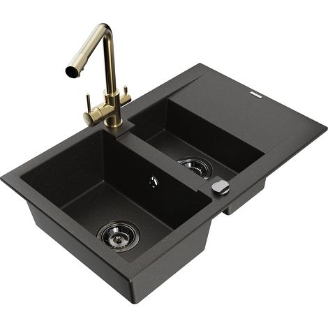 Mexen Gaspar lavello in granito a 1,5 vasca con scolapiatti e rubinetto cucina Duero, nero/oro - 6507-75-671600-50-B (1/5)