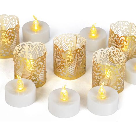 Lot de 12 photophores électroniques à LED en papier creux pour bougies votives, mariage, anniversaire, fête prénatale, doré,T-Audace (1/5)