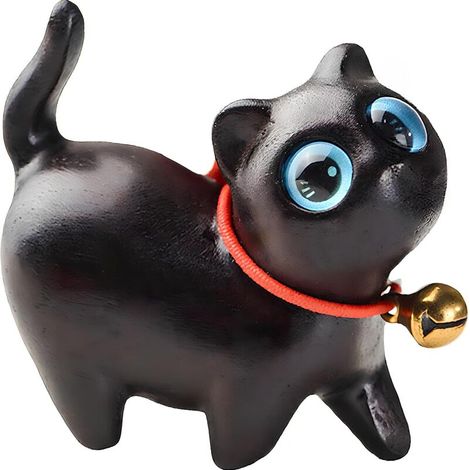 Magica statuetta in miniatura di gatto in legno - Gattino nero con occhi azzurri e campanellino, 4,3 cm. Adorabile decorazione da scrivania per gli amanti dei gatti, oggetto da collezione kawaii per u (1/4)
