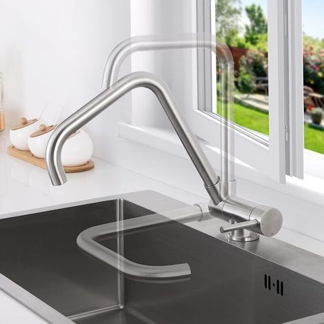 360° Swivel Folding Kitchen Mixer Tap, Kitchen Faucet with Folding Handle for Window Installation, 304 Stainless Steel Hot and Cold Water Sink Mixer Tap for Kitchen, Silver (1/4)