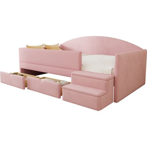 Canapé convertible rembourré 90x190 cm, sofa-lit 2 tiroirs avec barrières de protection et repose-pieds, housse en velours confortable, sans matelas, couleur rose (1/5)