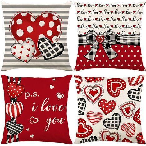 Set of 4 Valentine's cushion covers, red heart pattern for party decor, 45 x 45 cm