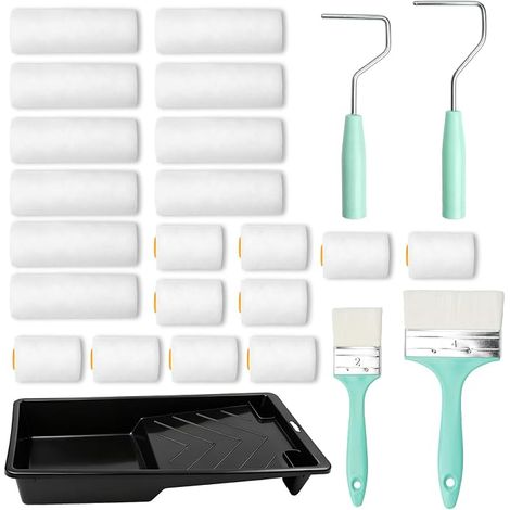 Lot de 25 rouleaux de peinture, 20 rouleaux en mousse (10 cm/5 cm), 2 poignées de rouleau de peinture, 2 pinceaux pour murs, 1 bac de peinture, porte-rouleau de peinture, kit de peinture pour peindre (1/5)