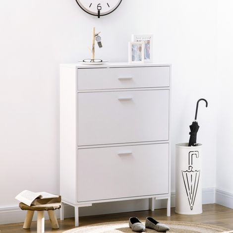 Schuhschrank für 12 Paar Schuhe, schmaler Schuhschrank mit 2 Klappschubladen und 1 Schublade, 75 x 26 x 110 cm, weiß