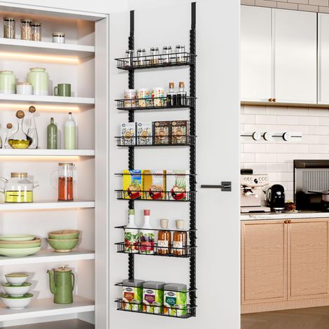 Étagère de rangement pour garde-manger avec 6 paniers réglables, 6 niveaux, étagère à épices à double usage – Étagère à épices suspendue ou murale – Organiseur de porte de garde-manger, noir (1/5)