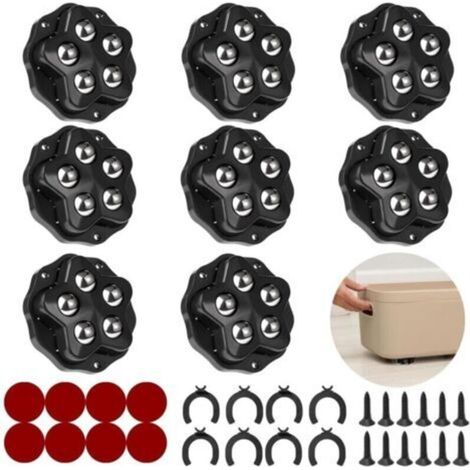 Mini roulettes pour meubles.8 roulettes à 5 billes chacune, capacité 300KG, avec adhésif et vis. Roue mobile universelle 360, roulette de meuble pour charges lourdes (Noir : 8 Pièces)