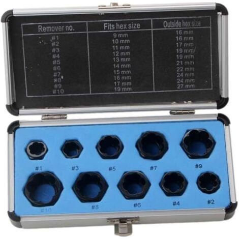 Sollbry Extracteur d'écrou cassé, lot de 10 pièces, boîte en aluminium, extracteur de boulons cassés, tête de vis hexagonale, outil court, paragraphe réutilisable (1/4)