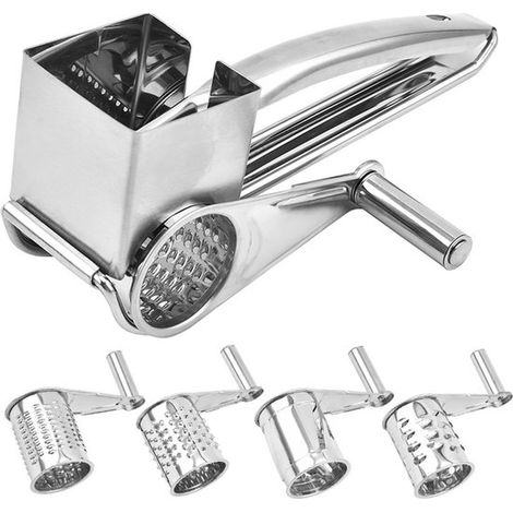 Grattugia rotante per formaggio, grattugia a tamburo con 4 rulli di taglio e pressore integrato. Set di grattugie rotanti per formaggio in acciaio inox. Affettatrice per verdure in acciaio inox. (1/5)