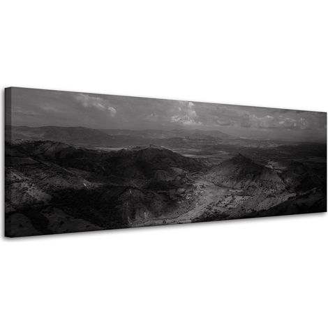 Lienzo impreso en blanco y negro con montañas vistas desde un vuelo, 120x40 cm.