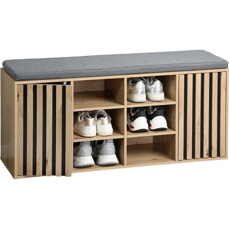 Meuble à chaussures bois décor chêne - Assise coussin gris - 103 x 30.5 x 48 cm - Livraison gratuite