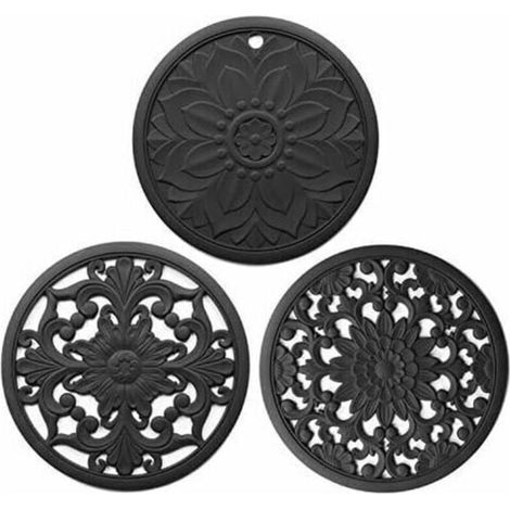 Lot de 3 dessous de plat en silicone, 3 dessous de plat multi-usages finement sculptés pour plats chauds, tapis de cuisine, sets de table, dessous de verre souple, durable et antidérapant (noir) (1/5)